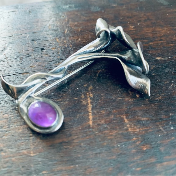 Vintage Sterling Silver Amethyst Calla Lily Floral Pin Brooch - Picture 7 of 13